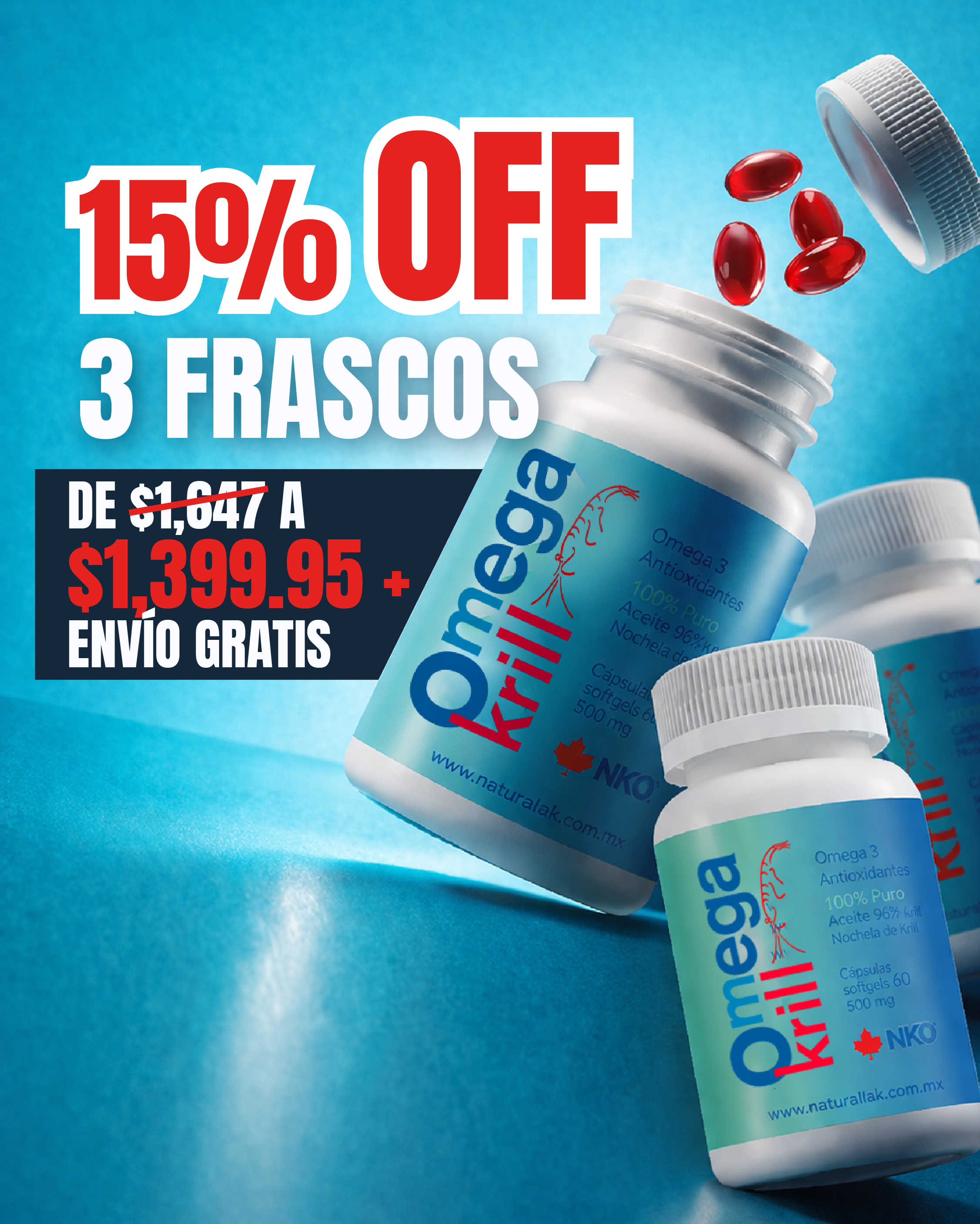 Paquete 3 Frascos de OmegaKrill — aceite de krill antártico